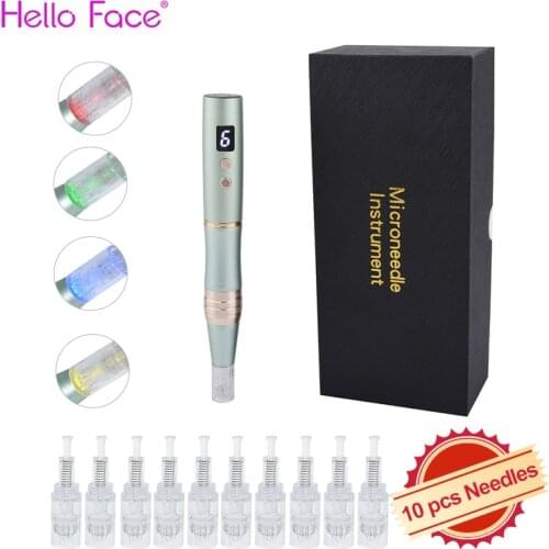 HELLO FACE Rechargeable Micro Needle Derma Pen Drag Nano 4 Colors Photorejuvenation Skin Needling Pen LED Photon Beauty Machine