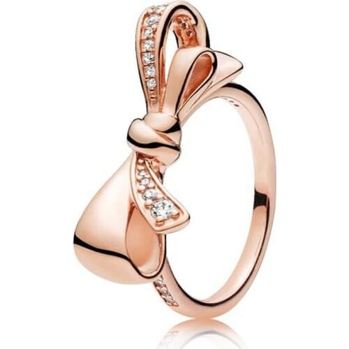 Rose gold shiny ornate bow ring s925 silver ring fashion personality temperament index finger ring girl