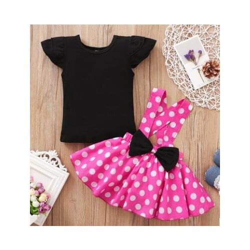 Girls Casual Two-piece Clothes Set Solid Color Fly Sleeves Round Collar Tops and Slip Dress Black/ Rosy