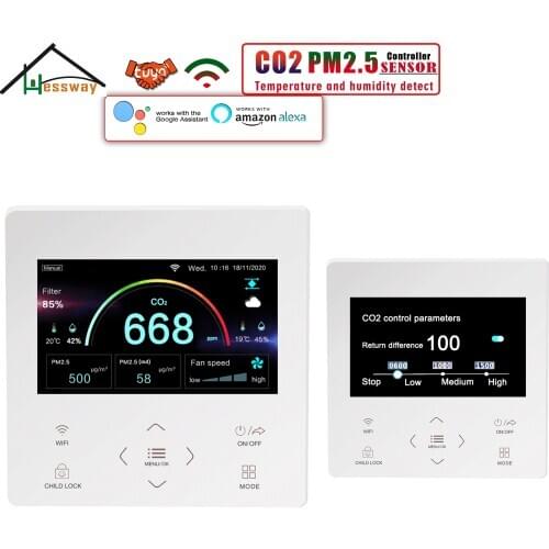 HESSWAY WIFI MODBUS PM2.5&CO2 Sensor Controller for Air Quality Monitor Indoor Outdoor AC/0-10V/PWM Fan Output