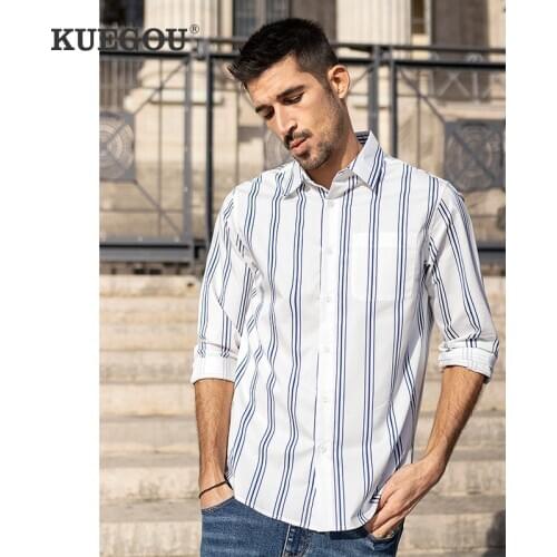 KUEGOU blending spring Autumn Mans Shirt Long Sleeve leisure Elastic fashion Blue Striped Shirts men top Plus size BC-20520
