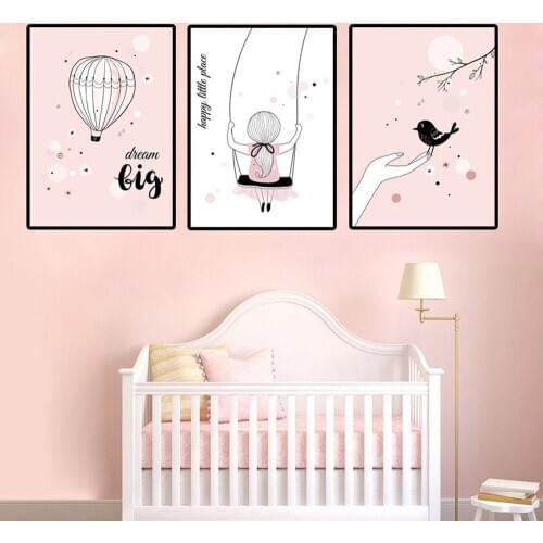 Cartoon Swing Girl Canvas Painting Dream Big Hot Air Balloon Bird Posters Cute Warm Wall Art Pictures For Girl Room Home Decor