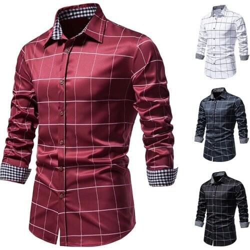 Mens Casual Plaid Long Sleeve Shirt Solid Color Lapel Business Shirt Social Shirt Office Shirt
