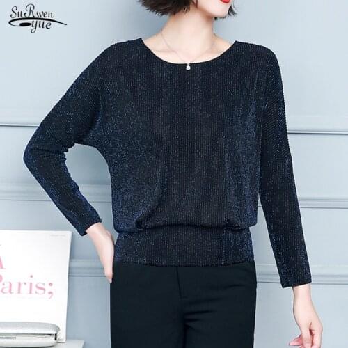 New Plus Size Glitter Shirt Tops Fashion Elegant Shiny Sequin Blouse Tunic Women Classic Black Blue Shine Womens Blouses 15774