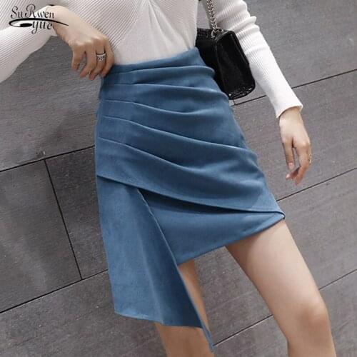 Autumn New 2021 High Waist Thin Irregular Solid Color Hip Wrap Skirt Vintage Mini Blue Skirt Woman Chic Slit Elegant Skirt 16405