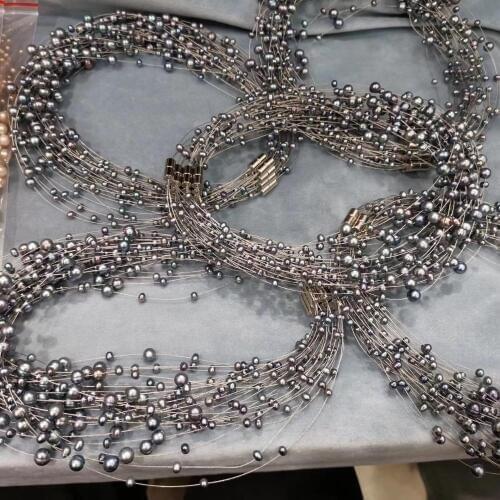 Natural fresh water pearl flowing necklace 18 inch big and small pearl mixed 3 layers daily wear magnet lock white black color