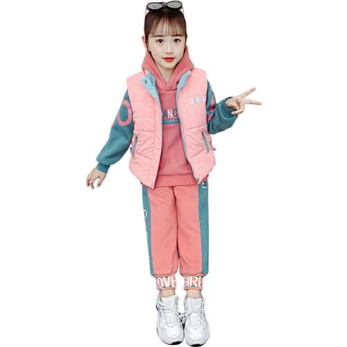 Girls Plus Velvet Padded Sportswear Set Children Contrast Color Stitching Clothing Suit Teenage Kids Letter Printing Tracksuit