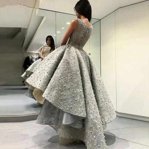 A Line Sleeveless High Low Prom Dresses with Pearls Round Neck Birthday Party Gowns 2020 Gray Hi Low Formal Evening Dress