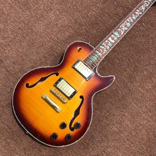 High quality flower inlaid abalone fingerboard Electric guitar, Maple top double F hollow body electric guitar, Free shipping