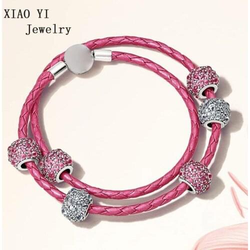 XIAOYI jewelry 100% s925 11 charm bead pink double ring leather drop charm bead moment set gentle beautiful