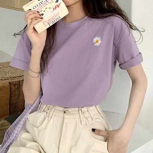 New korean Flowers embroidery Women T-shirt 2021 Summer Short Sleeve Simple Tee shirt Femme Casual Loose t shirt Camisetas Mujer