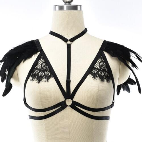 Women Feather Lace Body Harness Belt Sexy Epaulet Cage Bra Perspective Pastel Goth Adjustable Bondage Lingerie Body Harness