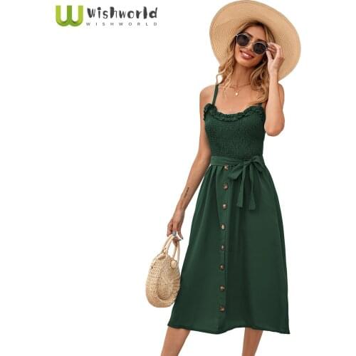 In the Summer of 2021 Printing Wave Falbala Bud Silk Skirt with Shoulder-straps Button Sexy Beach Deep V-neck Sleeveless Dresses