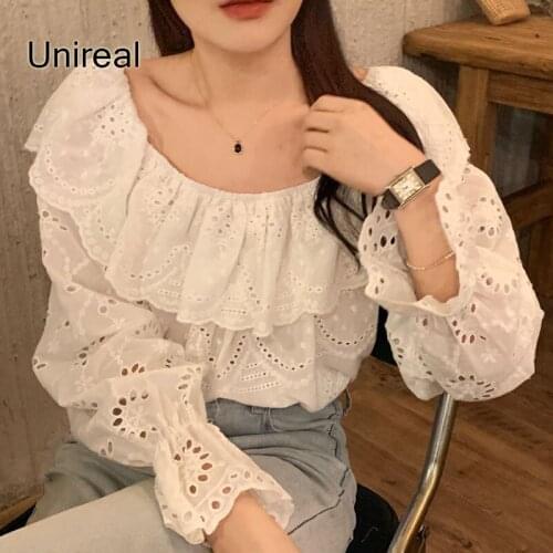 Unireal 2021 Summer Autumn Vintage Women Embroidery Blouse Long Sleeve Cotton White Lace Blouse Shirt Sexy Tops