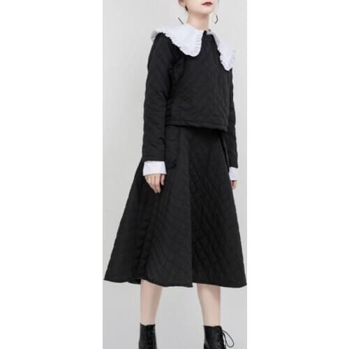 Women Suits Japan Style White Basic Blouser and Black Cotton Padded Wrap Outwear Top +Black Skirts with Pockets Sweet Girls Sets