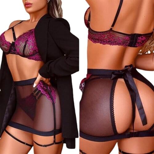 2021 Womens 3 Piece Lingerie Set Sexy Floral Lace Strappy Bra + Garter Mesh Skirt + Panty Set for Valentines Day