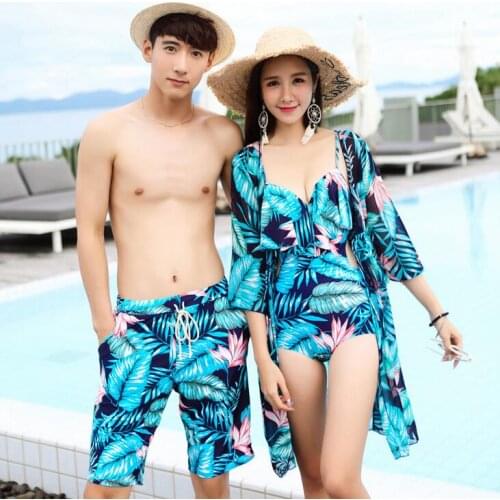 Plant leaf printed Couples 2pcs/set Womens Bating Suit Man Shorts Trunks Swimsuit Bikini Swimwear