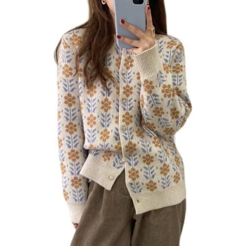 Cardigan for women Spring Autumn Chic Style Flowers Floral Sweater Knitted Cardigan Retro Coat Sweater
