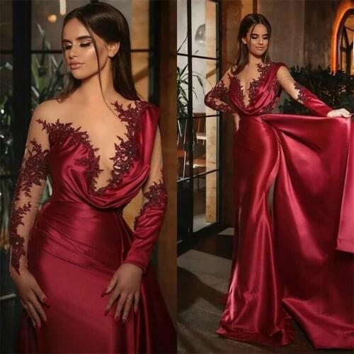 2021 Sexy Wine Red Formal Mermaid Evening Dresses Illusion Long Sleeves Ruched Satin Runway Prom Party Gowns Overskirt