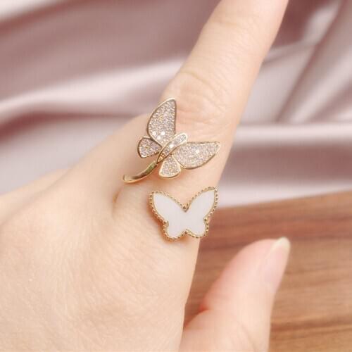 Korean new fashion jewelry copper inlaid zircon light luxury opening delicate flexible two butterfly shells elegant female ring