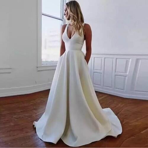 Elegant Simple Satin V-neck Wedding Dresses Sexy Backless Bow Robe De Soiree Formal Bride To Be атласное платье Vestido De Novia