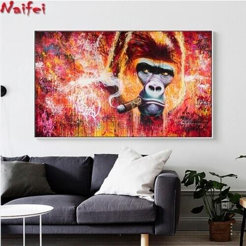 Animal Painting Gorilla Smoking Cigar DIY 5D Diamond Painting Full square Round drill Mosaic Diamond Embroidery Home Decor