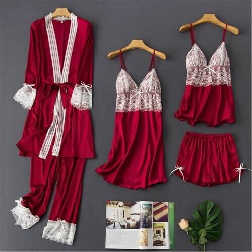 Satin Soft Sleepwear Women Kimono Bathrobe Gown 5PCS Robe Suit Solid Bride Bridesmaid Wedding Gift Sexy Nightgown Sleep Dress