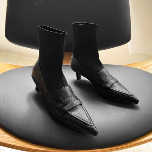 Thick heel short boots womens boots 2021 new spring and autumn socks boots wild black pointed toe mid-heel elastic