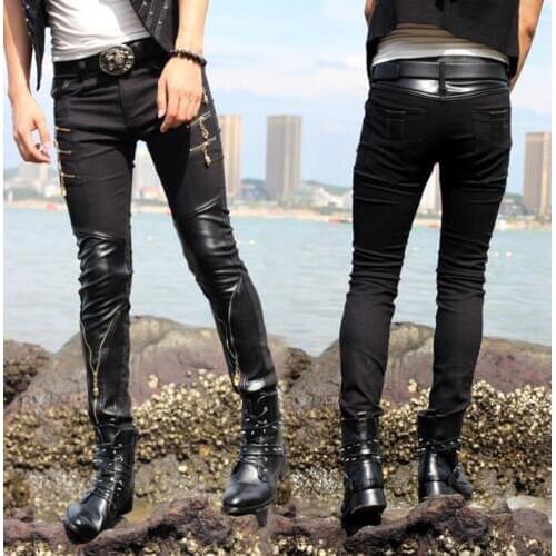 Stage personality warm fashion harem pants mens trousers splice leather feet pants for men pantalon homme autumn winter black