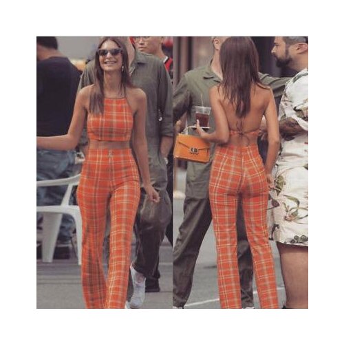 Chiffon Long Trousers Pants Sleeveless Plaid Shirt Boob Tube Top Outfits 2Pcs Women Lady Female Clubwear Playsuit Jumpsuit