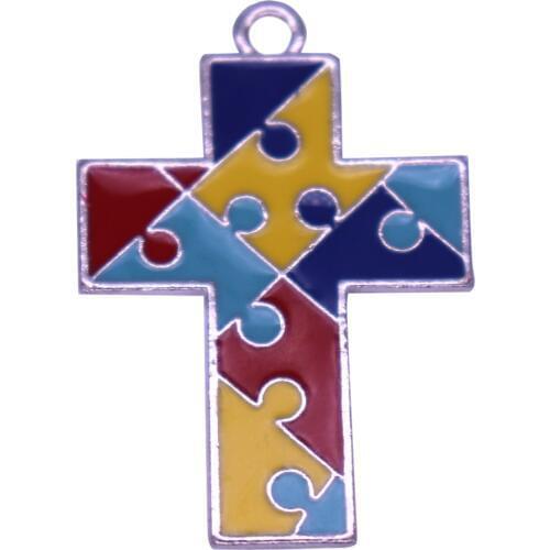 DOUBLE NOSE Metal Silver Enamel Colorful Cross Autism Awareness Charm Pendant Jesus Hope Religious Jewelry