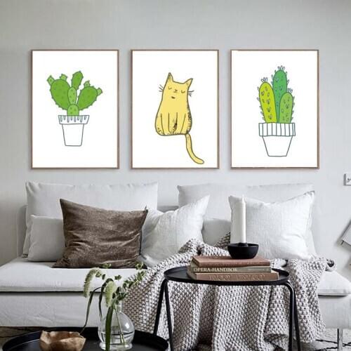 Nordic Style Green Plants Cactus Cartoon Cat Canvas Morden Painting Sofa Background Wall Pictures Posters Living Room Decoration