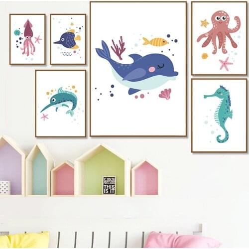 Canvas Painting Marine Life Childrens Room Decoration Painting Cartoon Dolphin Seahorse Home Decoration Squid Octopus Poster