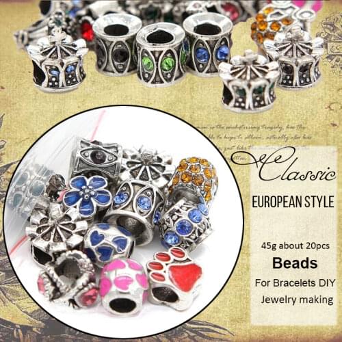 45g(about 20pcs) Classic Tibet silver Mixed Bead Enamel & Rhinestone Crystal Beads DIY Bracelet Necklace For Jewelry Making