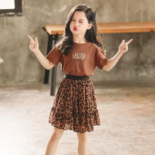 Girls Clothes Sets Summer Girls T-shirt+Leopard Skirt Suits Kids Boutique Outfits Teen Children Clothing Set 4 5 6 8 10 12 Years