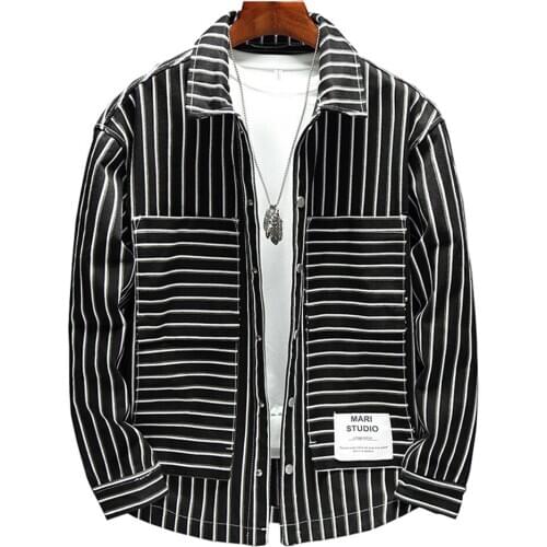 Mens Stripe Print Denim Jacket Loose Turn Down Collar Patchwork Jean Coat Casual Outerwear