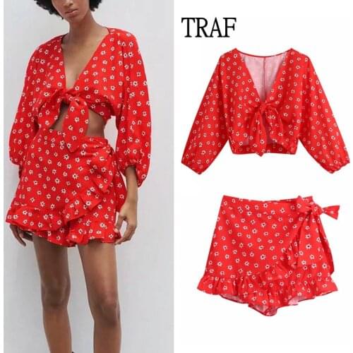TRAF Za Woman 2021 Womens Summer Suit Red Print Long Sleeve Top+ High Waist Shorts Women Y2k Two Piece Set Women Shorts Skirt