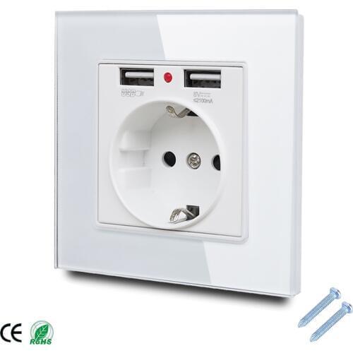 86*86mm Glass Panel EU Wall Socket with 2.1A 2 USB Charging Ports, 16A 2100mA Electrical Wall Power Socket