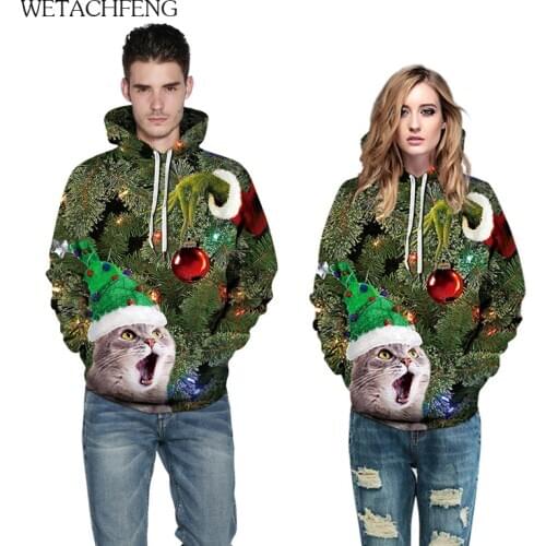 New Year Unisex Sweaters Ugly Christmas Oversized Sweatshirts Cute Cat Funny Cartoon Animal Leaves Printed Mens Holiday Clothes
