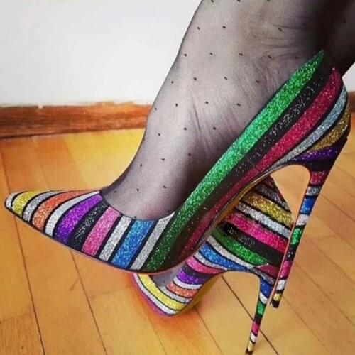 Sexy Multi-Color Sequined Wedding Shoes Bride Rainbow Stripe Colorful Bling Bling Glitter Dress Shoes Pointed Toe Stiletto Pumps
