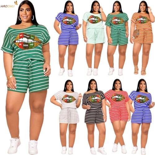 Polyester Waist 2021 Womens Suit Shorts Outfits Fashion plus Size WomenLips Classic Striped Casual Home Two-Piece Drawstring