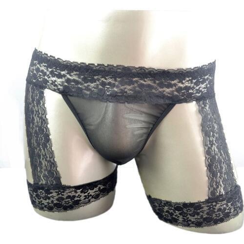 Sexy Lingerie for Him Lace Garter Belt Style Sissy Thong Underwear with Sheer G-String Under Pants Fantasy Underwear for Men