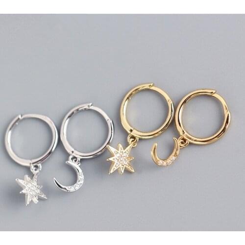 925 Sterling Silver Star Moon Studs Earrings For Women Girls Wedding Party Engagement Jewelry Accessories eh375
