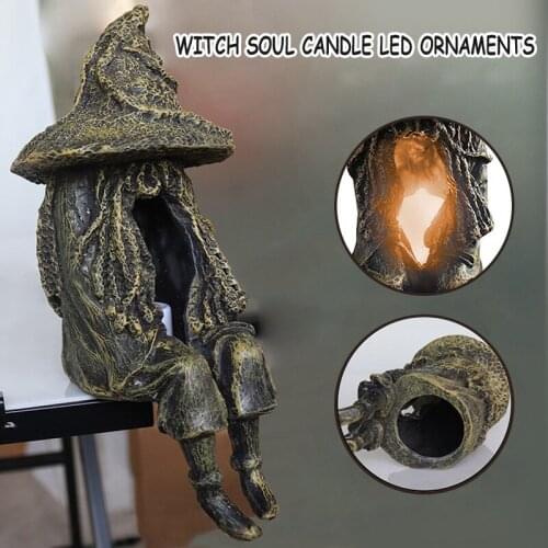 Witch Ghoul Statue Light LED Garden Lamp Mysterious Sitting Witch Soul Ghost Small Resin Ornaments for Home Halloween can CSV