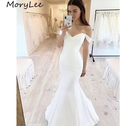 Ivory Evening Dresses Off The Shoulder Sweep Train Mermaid Satin Evening Dresses With Zipper Back vestidos de fiesta de noche