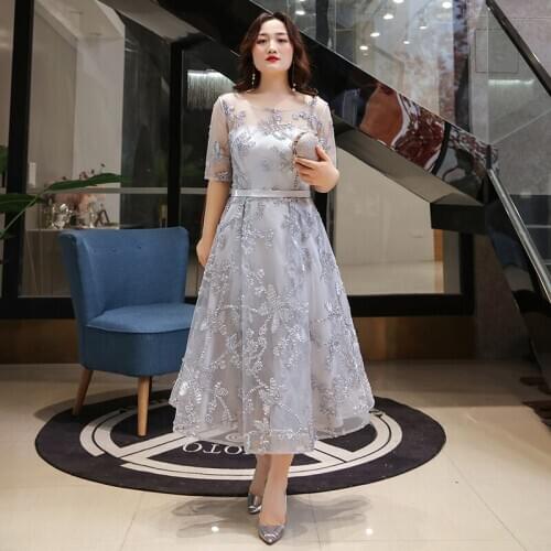 Formal Prom Dresses A-Line Burgundy Women Party Night Half-sleeve Plus Size Tea-Length O-neck Sequined Lace Up Party Dress D041