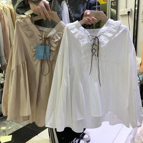 JuneLove Spring Korea Fashion Women Long Sleeve Loose Shirt Vintage Cross Lacing V-neck White Blouse Ruffles Shirts Ladies Tops