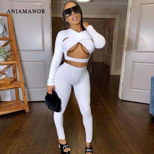 ANJAMANOR Solid Sexy 2 Piece Legging Sets Womens Outfits Cross Hollow Long Sleeve Crop Top Tracksuit Wholesale Clothes D74-CH34