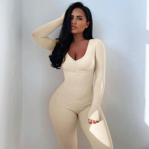 CHRONSTYLE Women Ruched Skinny Jumpsuit V-neck Long Sleeve Romper Sports Outfits 2021 Autumn Casual Overalls Streetwear Playsuit