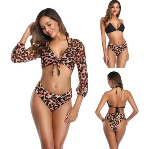 Women Sexy Swimwear Bikinis Set Leopard Three-Piece Split Bathing Suit Padded Wirefree Strappy Cover Up Beachwear Micro Swimsuit